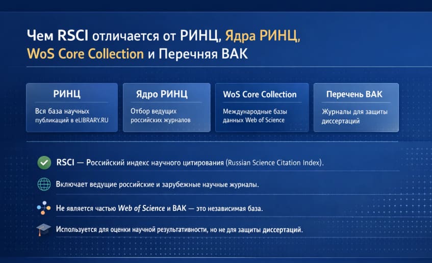 Чем RSCI отличается от РИНЦ, ядра РИНЦ, WoS Core Collection и перечня ВАК