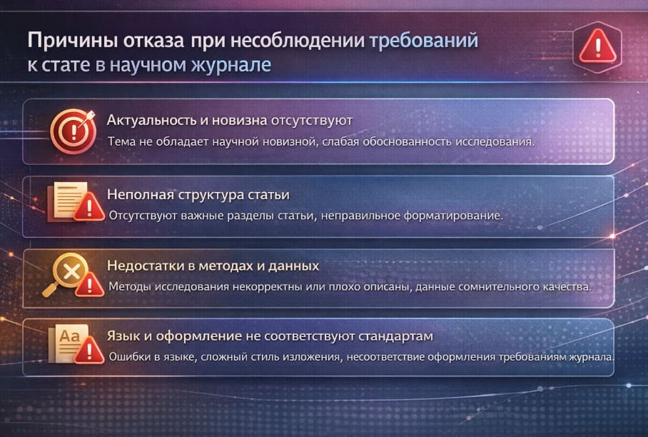 Причины отказа при несоблюдении требований к статье в научном журнале