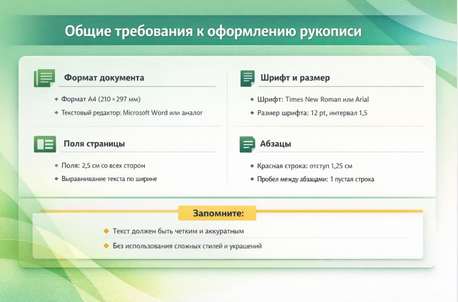 Общие требования к оформлению рукописи: формат, шрифт, поля и абзацы