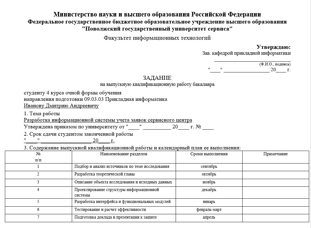 Задание на дипломную работу