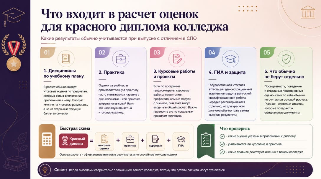 Что входит в расчет оценок для красного диплома колледжа