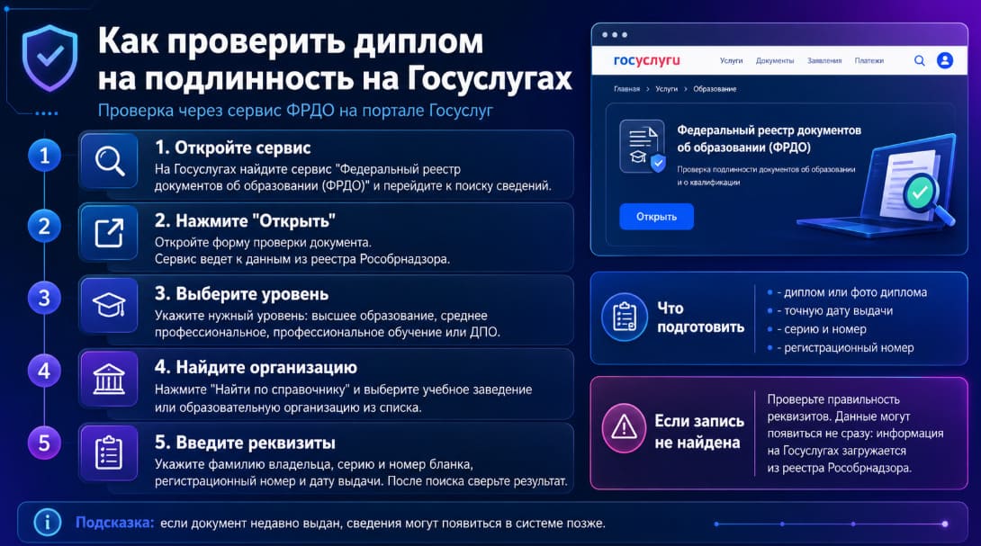 Как проверить диплом на подлинность на Госуслугах