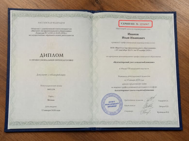 Серия и номер диплома о профессиональной переподготовке