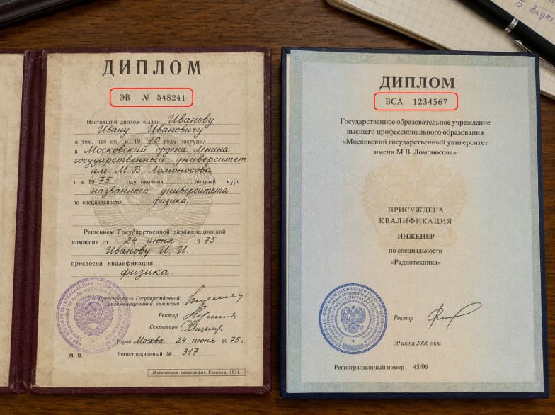 Серия и номер старого диплома (советского образца и до 2014 года)