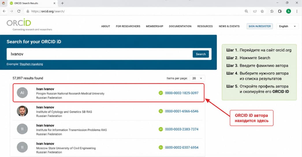 Как найти ORCID ID автора по фамилии