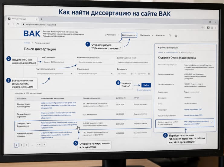 как найти диссертацию на сайте ВАК