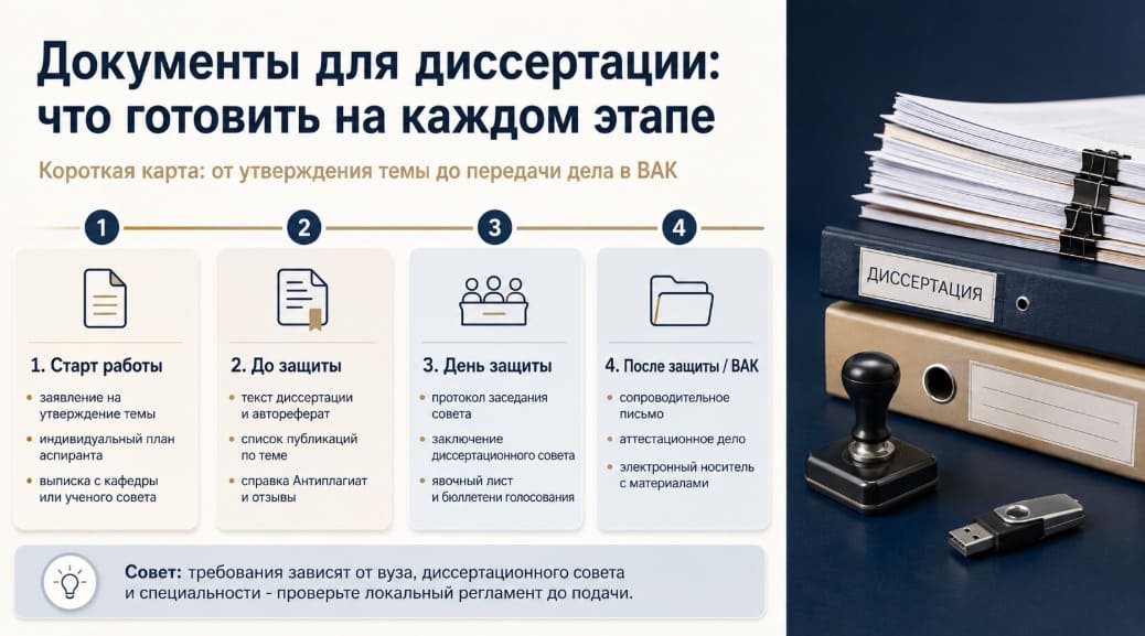 Какие документы нужны на разных этапах работы с диссертацией