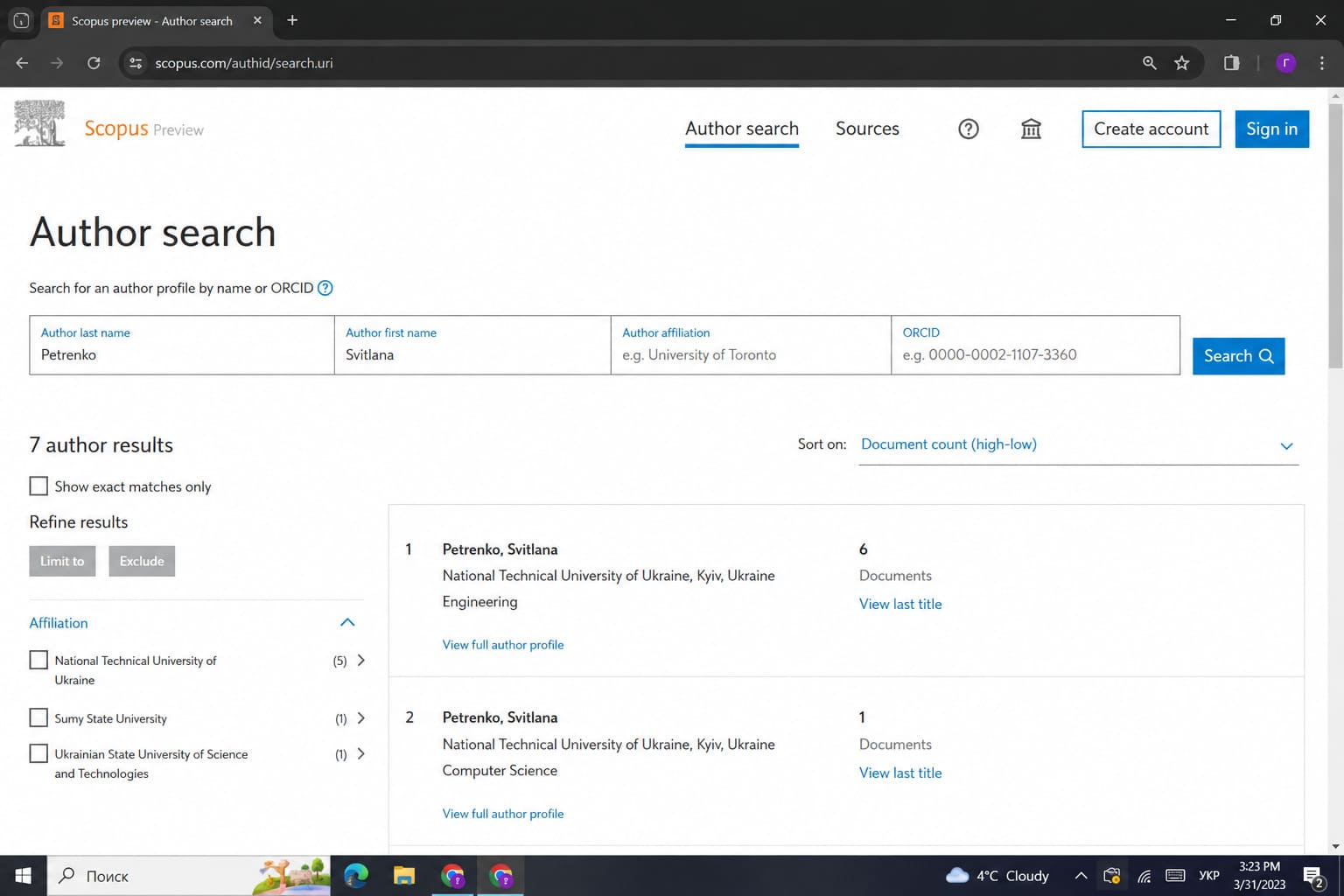Поиск статей по автору в Scopus