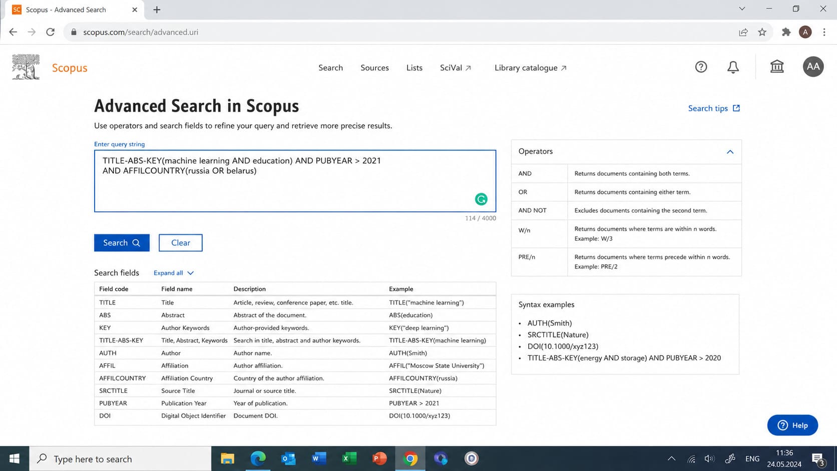 Расширенный поиск в Scopus: операторы и поля поиска